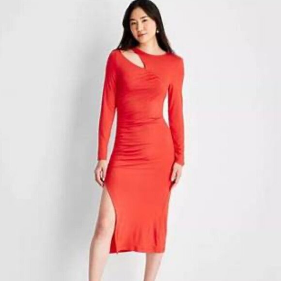 Future Collective Reese Blutstein 1X NWOT Red Knit Cut Out Midi Dress Office Y2K - Picture 1 of 8